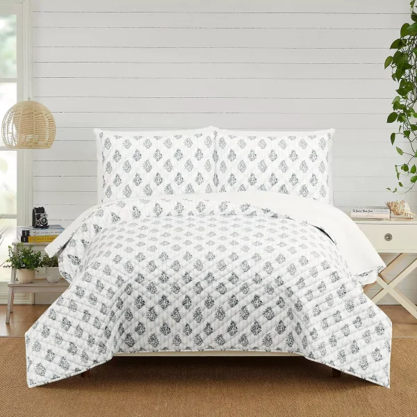 Modern Heirloom 3pc Block Print Quilt Set Blue