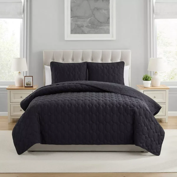 3pc Full/Queen Circle Pinsonic Quilt Set Black: Hypoallergenic, Embroidered, Microfiber